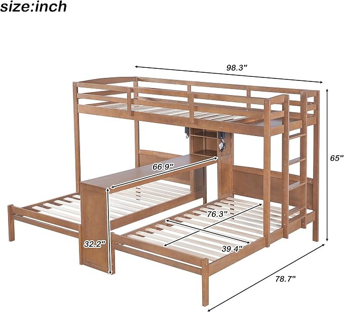 VilroCaz Twin Over Twin & Twin Bunk Bed with Built-in Desk and Storage Shelves, 3 Beds in 1 Design Solid Wood Triple Bunk Bed with Reading Lamp and Guardrails for Kids Teens Aldults (Natural-2.14)