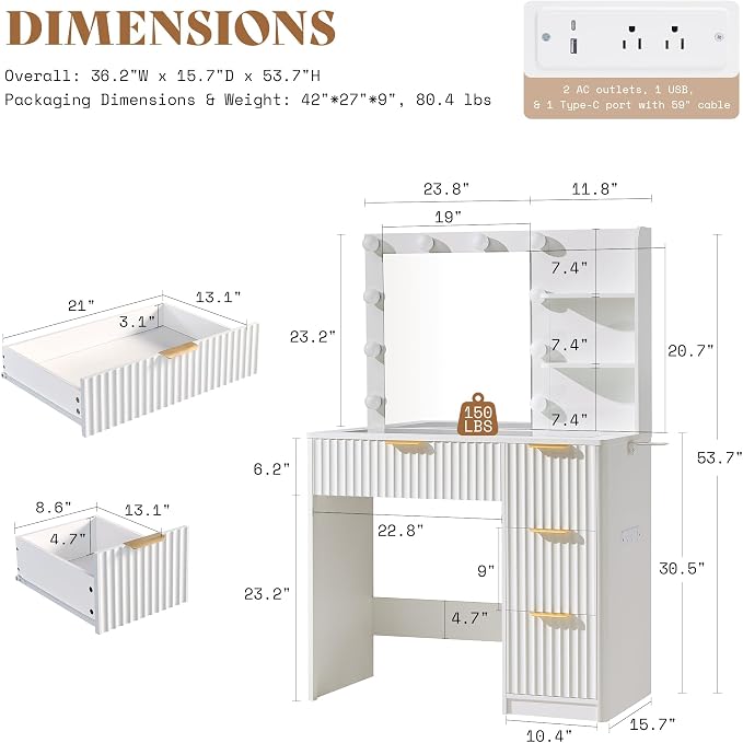AMERLIFE 36.2" Fluted Vanity Desk with Mirror and Adjustable LED Lights, Large 4 Drawers Makeup Vanity Table with Glass Top and Charging Station for Women and Girls, Bedroom or Dorm, White