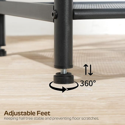 YATINEY Hall Tree, Coat Rack with Shoe Bench, 4-in-1 Entryway Bench with Storage Shelves, Hanging Rod and 8 Movable Hooks, Hall Tree with Storage Bench for Hallway, Rustic Brown and Black MT02BR
