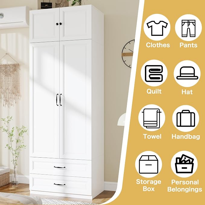 Armoire Wardrobe Closet with Doors: 89" Extra Tall White Wardrobe with Storage on Top, Bedroom Armoires with 2 Doors and 2 Drawers, Large Wood Closet Armoire for Hanging Clothes