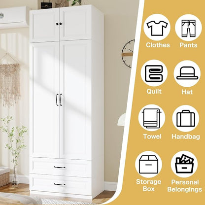 Armoire Wardrobe Closet with Doors: 89" Extra Tall White Wardrobe with Storage on Top, Bedroom Armoires with 2 Doors and 2 Drawers, Large Wood Closet Armoire for Hanging Clothes