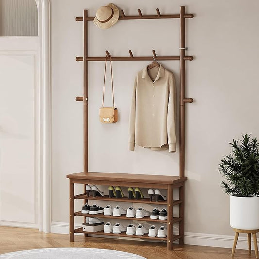Bamboo Hall Tree with 13 Hook, 6-in-1 Entryway Bench with Coat Rack Freestanding, Coat Rack with Shoe Storage Bench Organizer for Mudroom, Bedroom, All-in-One Shoe Rack,Walnut