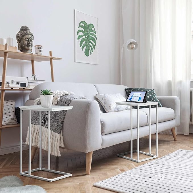 Possile C Shaped End Table Set of 2 for Sofa and Bed, Slide Under Couch Tables, Side Table With Faux Marble Top, Small Under Table Tray for Living Room, Bedroom, White