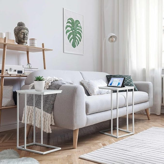 Possile C Shaped End Table Set of 2 for Sofa and Bed, Slide Under Couch Tables, Side Table With Faux Marble Top, Small Under Table Tray for Living Room, Bedroom, White