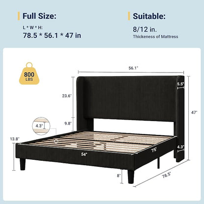 Allewie Full Size Bed Frame with Upholstered Wingback Headboard, Vertical Channel Tufted Corduroy Velvet Platform Bed, Strong Wooden Slats Support, No Box Spring Needed, Easy Assembly, Sturdy, Black