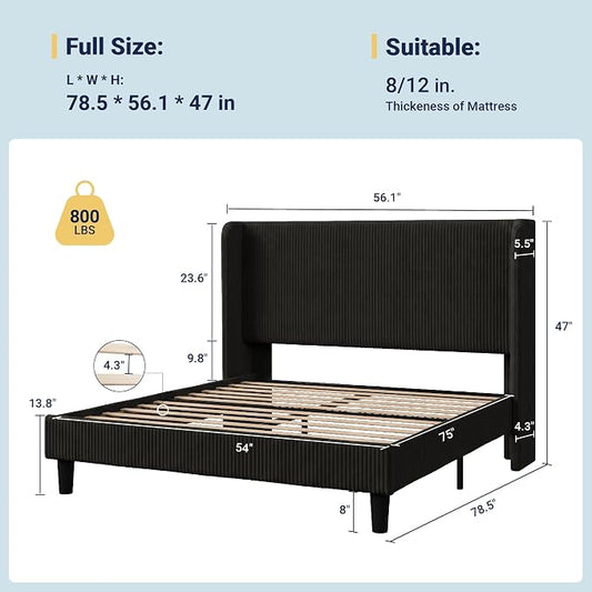 Allewie Full Size Bed Frame with Upholstered Wingback Headboard, Vertical Channel Tufted Corduroy Velvet Platform Bed, Strong Wooden Slats Support, No Box Spring Needed, Easy Assembly, Sturdy, Black