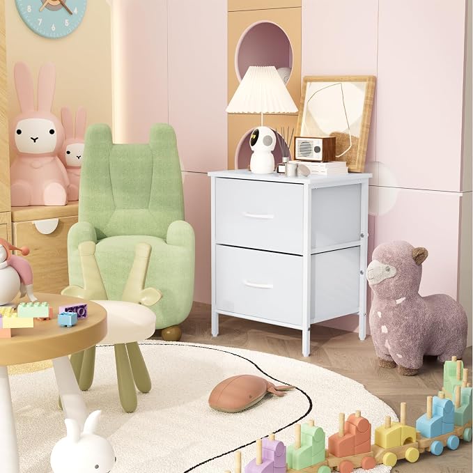 Stero Nightstand, Kids Dresser with 2 Drawers, Steel Frame Bedside Furniture, Wood Top Fabric Night Stand, Colorful End Table for Home, Bedroom, Office White