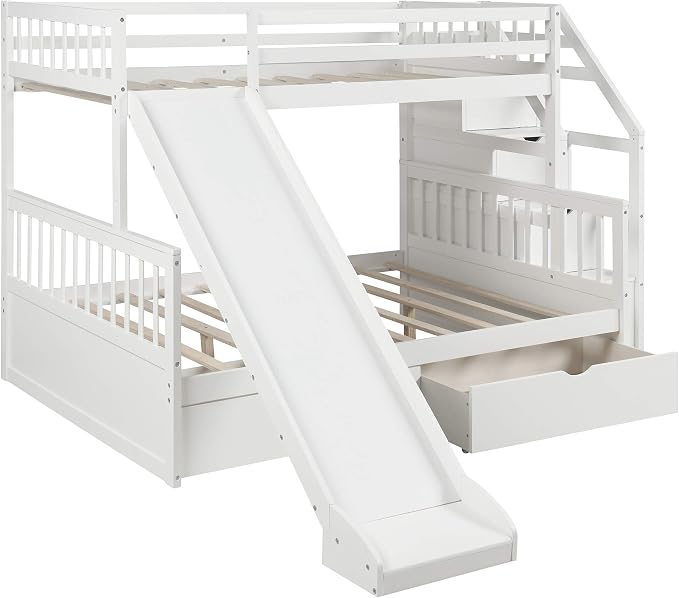 Solid Wood Twin Over Full Bunk Bed with Slide, Drawers, 4 Stair, Three Storage Grids and Full Length Guardrail, Multifunction play house Bunk Bed for Kids/Adults, No Box Spring Needed (White+ss)