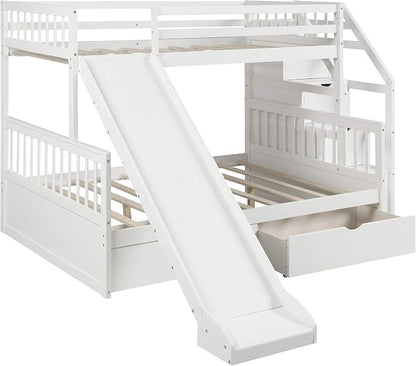 Solid Wood Twin Over Full Bunk Bed with Slide, Drawers, 4 Stair, Three Storage Grids and Full Length Guardrail, Multifunction play house Bunk Bed for Kids/Adults, No Box Spring Needed (White+ss)