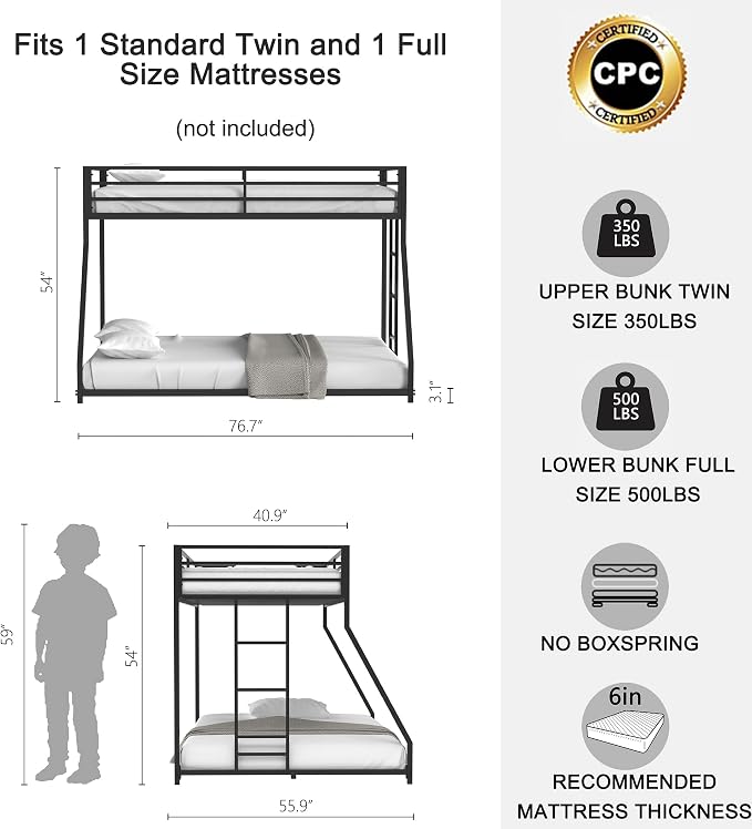 EMKK Twin Over Full Bunk Bed for Adults, Metal Bunk Beds Twin Over Full Size for Teens Dorm Bedroom Guest Room,Heavy Duty Bunk Beds with Ladder and Safety Full Length Guardrail (Black A)