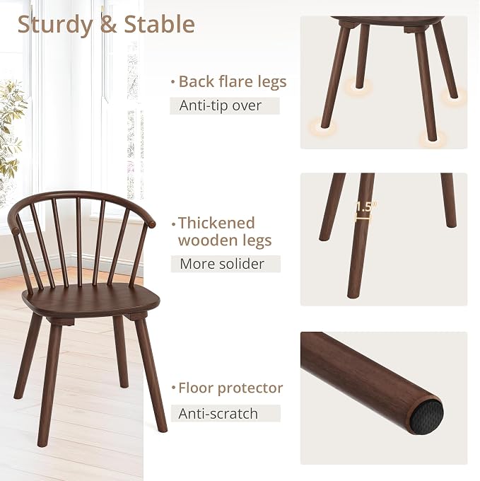 LUE BONA Walnut Dining Chairs Set of 8, Farmhouse Wood Dining Chairs with Semicircular Backrest, Spindle Dining Chair for Kitchen and Dining Room, 18 Inch