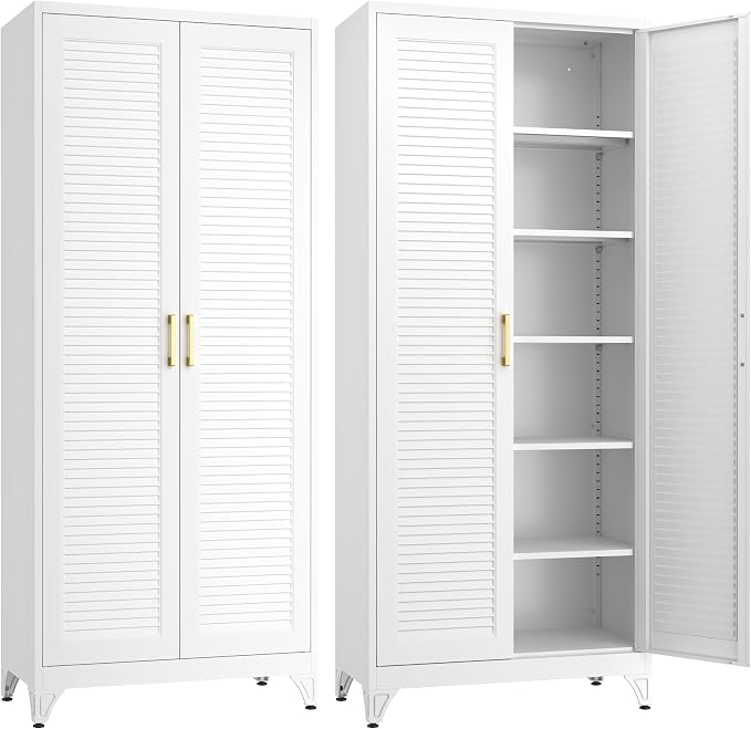 SteeLoong Kitchen Pantry Cabinet,75" Metal Storage Cabinet with Doors and 5 Adjustable Shelves,White Tall Locker Organizer Steel Garage Cabinets for Tool,File Cabinet for Office,Kitchen,Garage,School