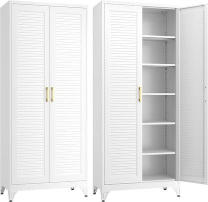 SteeLoong Kitchen Pantry Cabinet,75" Metal Storage Cabinet with Doors and 5 Adjustable Shelves,White Tall Locker Organizer Steel Garage Cabinets for Tool,File Cabinet for Office,Kitchen,Garage,School