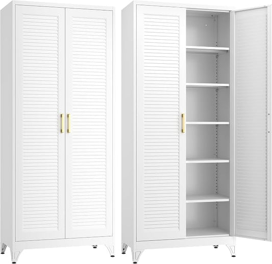 SteeLoong Kitchen Pantry Cabinet,75" Metal Storage Cabinet with Doors and 5 Adjustable Shelves,White Tall Locker Organizer Steel Garage Cabinets for Tool,File Cabinet for Office,Kitchen,Garage,School