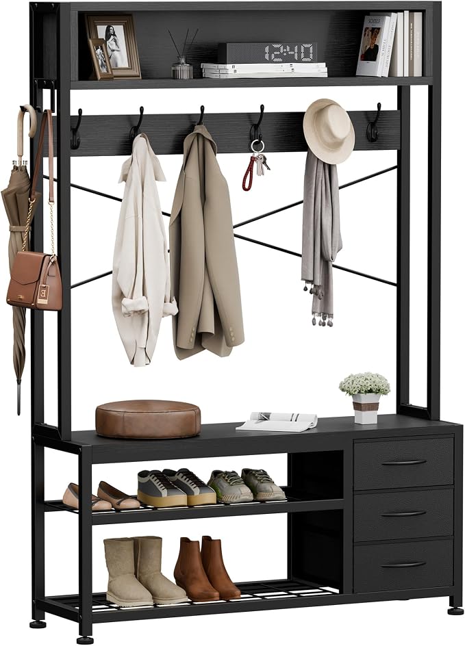 Lulive Hall Tree with 3 Drawers, Industrial Entryway 39.4" Coat Rack Shoe Bench, Freestanding Mudroom Organizer with 12 Hooks, Top Shelf Storage (Black)