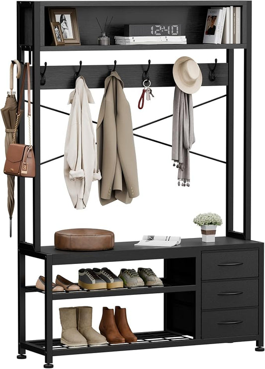 Lulive Hall Tree with 3 Drawers, Industrial Entryway 39.4" Coat Rack Shoe Bench, Freestanding Mudroom Organizer with 12 Hooks, Top Shelf Storage (Black)