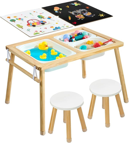 VEVOR Sensory Table for Toddlers, Wooden Kids Activity Table with 2 Stools, Double-Sided Board, Storage Bins, and Non-Slip Feet, for Boys and Girls Playing Sand and Water, Drawing, Studying, Dining