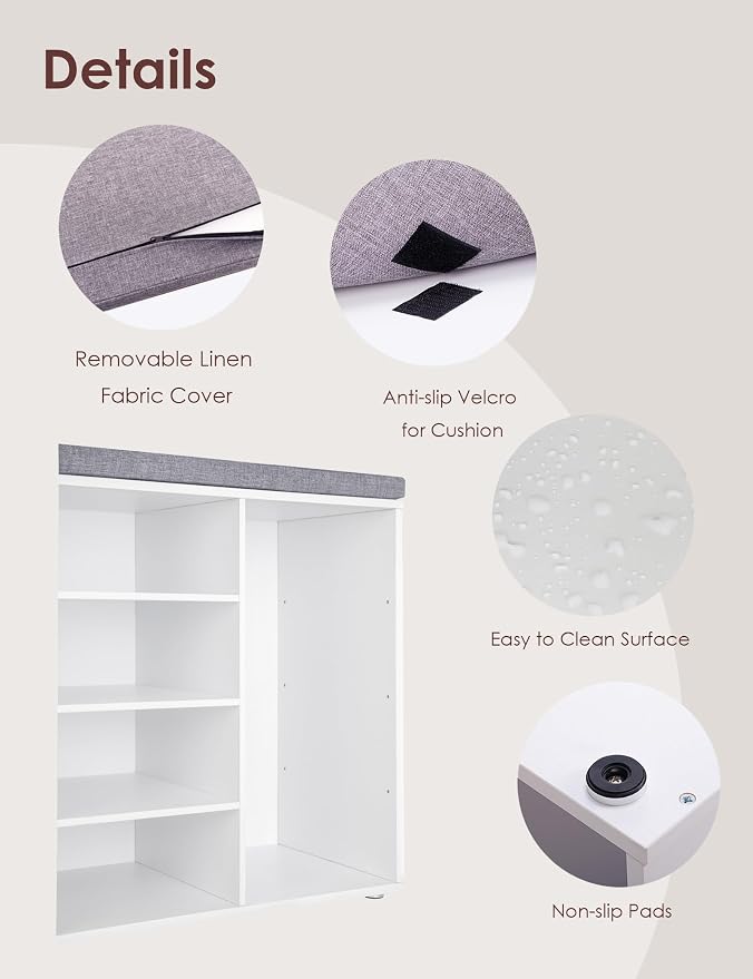 DINZI LVJ Shoe Storage Bench with Cushion, 16-Cubby Shoe Rack, Adjustable Shelves, Multifunctional Shoe Organizer Bench for Entryway, Mudroom, Hallway, Living Room, Bedroom and Garage, White