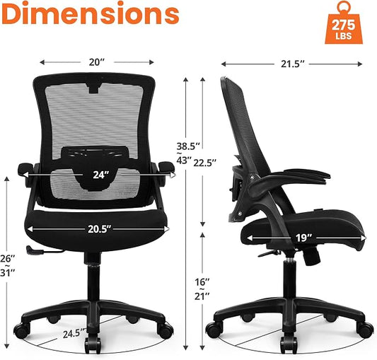 NEO CHAIR Office Desk Gaming Chair Computer High Back Mesh Seat with Rolling Wheels Ergonomic Adjustable Comfy Flip-up Armrests Lumbar Support Height for Home (Black)