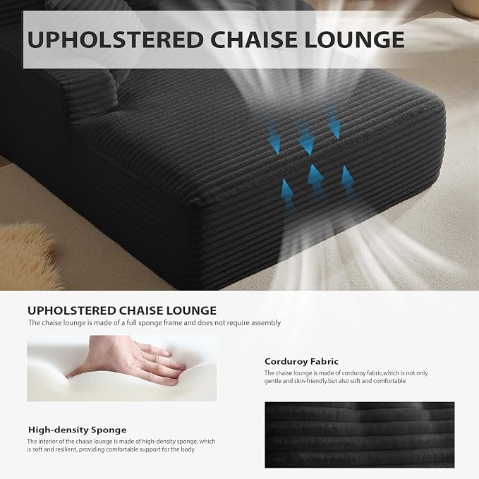 50 Inches Chaise Lounge Indoor, Oversized Chaise Lounge Chair with 3 Throw Pillows and Armrests, Corduroy Upholstered Plush Sofa Bed Lazy Chair Bed Sleeper Chair for Living Room Apartment (Black)