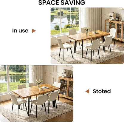 Extendable Dining Table Set for 4 to 8 People, 47.2" to 63" Modern Kitchen Table Set with 6 Leather Chairs, MDF Dining Room Table and Chairs with Removable Extension Leaf (Walnut Table+White Chairs)