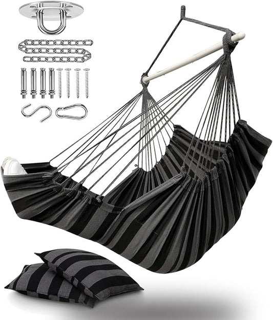 ADVOKAIR Hanging Hammock Chair Large Swing Chair with Foot Rest and Hardware,Max 500lbs,Steel Spread Bar with Anti Slips, 2 Cushions and Side Pocket,Indoor/Outdoor Use…