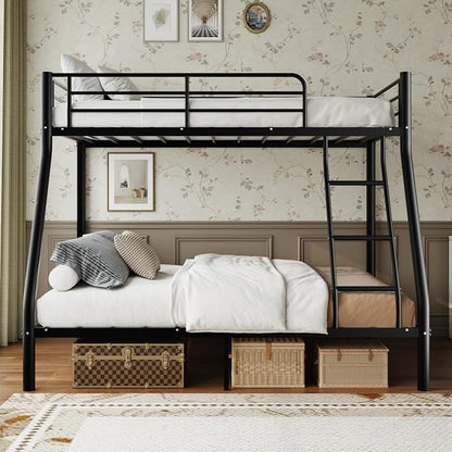 Metal Twin Over Full Bunk Bed丨 Bunk Beds Twin Over Full Size with Ladder | Heavy Duty Bunk Bed for Adults, Metal Bunk Bed for Dorm, Bedroom, Apartment, 440 lbs Capacity,No Box Spring Needed (Black）
