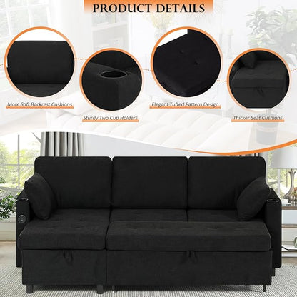84" Fabric Sleeper Sofa Bed w/Adjustable Backrests, L-Shaped Sectional Sofa Bed w/USB Port & Thickened Cushions, Convertible Pull Out Couch Bed w/Storage Bags for Living Room, Black
