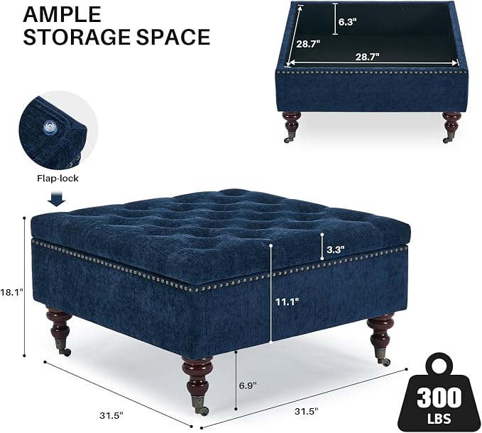 Large Square Storage Ottoman Uphlostered Tufted Button Coffee Table, Oversized Footrest Bench with Castered Rolling Wheels for Living Room, Dark Blue Chenille Waterproof