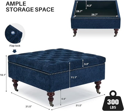 Large Square Storage Ottoman Uphlostered Tufted Button Coffee Table, Oversized Footrest Bench with Castered Rolling Wheels for Living Room, Dark Blue Chenille Waterproof