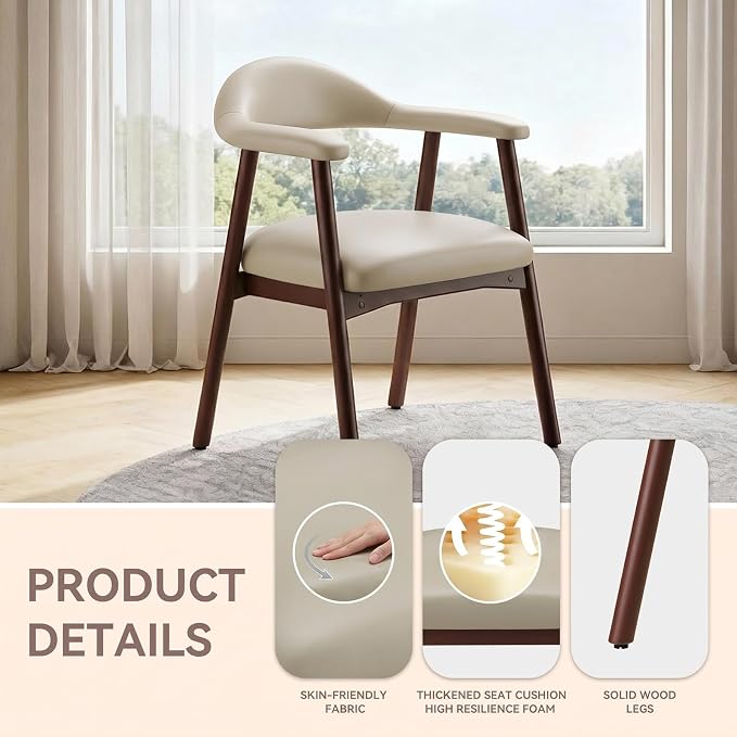 MALOL Leather Dining Chair with Armrest Set of 4, Upholstered Dining Room Chair with Curved Back and Wood Legs, Mid Century Modern Kitchen Chairs for Kitchen Dining Room,Khaki