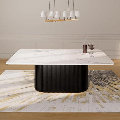 Morden Fort Marble Dining Table Set for 6, 70" Kitchen Table with White Rectangle Top and Black Fluted Base, 6 Modern Upholstered Chairs for Dining Room, Restaurant and Reception