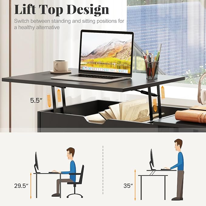 Tangkula Computer Desk with Lift Top, Space Saving Standing Desk with Hidden Compartment and Open Storage Shelves, Study Writing Desk with Lifting Mechanism, Black