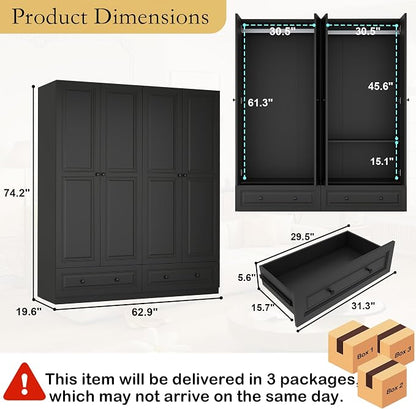 Armoire Wardrobe Closet with Drawers: 63" Black Wardrobe Closet with 4 Doors and 2 Drawers, Wood Clothes Armoire with Hanging Rod, Clothing Storage Cabinet for Bedroom