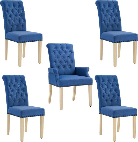 AODCHR Upholstered Fabric Accent Dining Chair Set of 5, Elegant Tufted Dining Room Chairs, Kitchen Room 1 Arm with 4 Armless,Blue