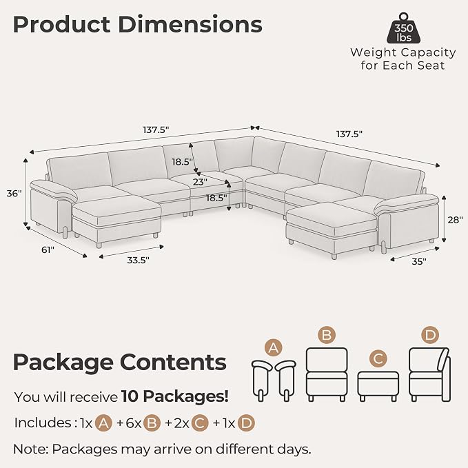 SITJOY Large Cloud Couch, 138" Wide 7 Seater V Shape, Light Gray Chenille | Detachable and Washable Chenille Cover Sectional Sofas for Living Room, Deep Seat Wide Couch with Chaise, Storage Ottoman