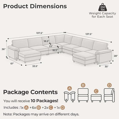 SITJOY Large Cloud Couch, 138" Wide 7 Seater V Shape, Light Gray Chenille | Detachable and Washable Chenille Cover Sectional Sofas for Living Room, Deep Seat Wide Couch with Chaise, Storage Ottoman