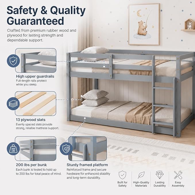 Twin Over Twin Bunk Bed, Low Profile Wooden Frame for Kids Bedroom, Floor Bunk with Ladder and Guardrails, Rubber Wood Construction, 13 Plywood Slats, No Box Spring Needed (Grey)