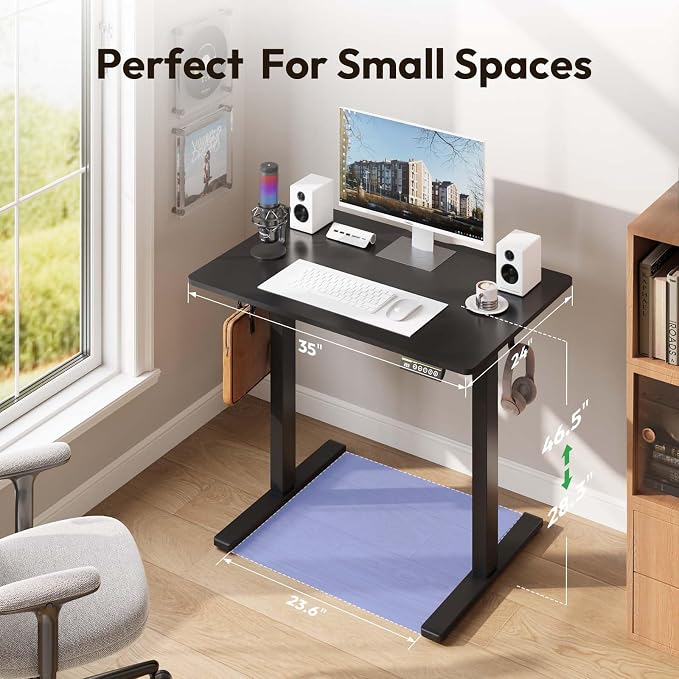 Electric Standing Desk,35x24 Inches Adjustable Height Stand up Desk, Sit Stand Home Office Desk with Splice Board, 3 Preset Heights,Equipped with Hooks,Ergonomic Computer Desk Workstation，Black
