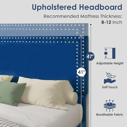 VECELO Queen Size Platform Bed Frame with Height Adjustable Upholstered Headboard, Modern Mattress Foundation,Strong Wood Slat Support, No Box Spring Needed, Easy Assembly,Dark Blue