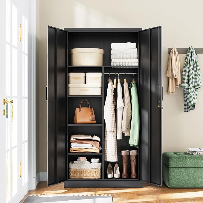 Letaya Metal Storage Cabinets Locker with Lock Door, 72'' Clothing Coat Steel Storage Freestanding Wardrobe for Office, Home, School, Employee,Gym,Fire Department (Black)