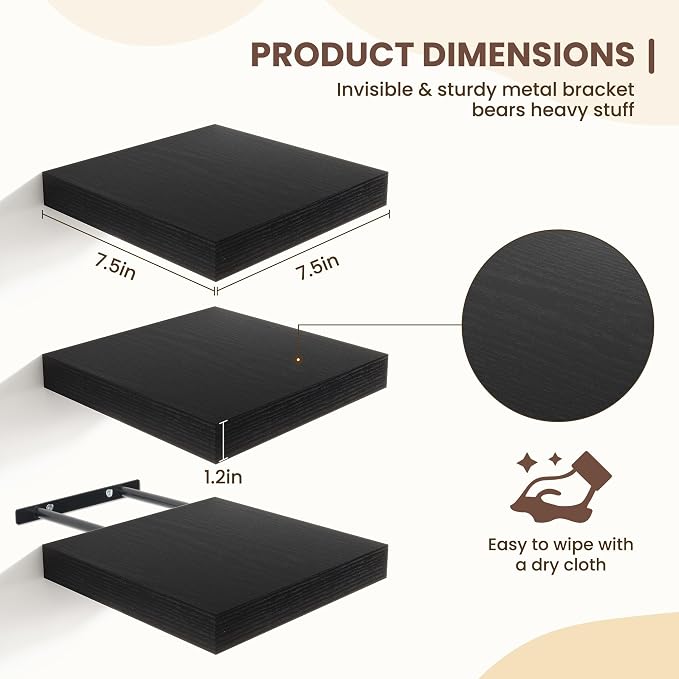 Fun Memories Floating Shelves for Wall - 7.5 Inch Square Shelves with Invisible Brackets, Black Small Wall Shelf for Living Room, Bathroom, Bedroom, and Kitchen Decor Black Set of 3