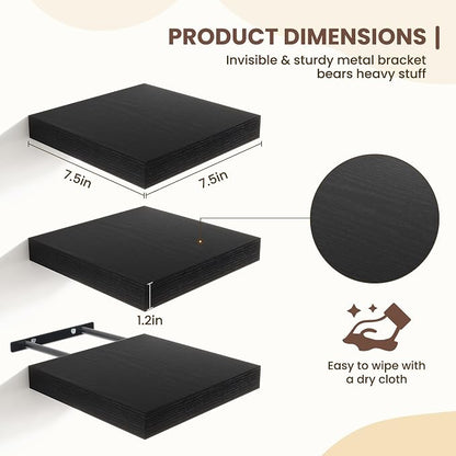 Fun Memories Floating Shelves for Wall - 7.5 Inch Square Shelves with Invisible Brackets, Black Small Wall Shelf for Living Room, Bathroom, Bedroom, and Kitchen Decor Black Set of 3