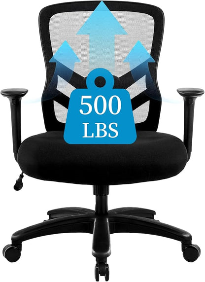 YFO Big and Tall Office Chair 500LBS - Computer Desk Chair with Adjustable Lumbar Support, Heavy Duty Ergonomic Mesh with 360 Rotation 2D Arm and Extra Wide Comfty Seat, Quiet Wheels for Adults, Black