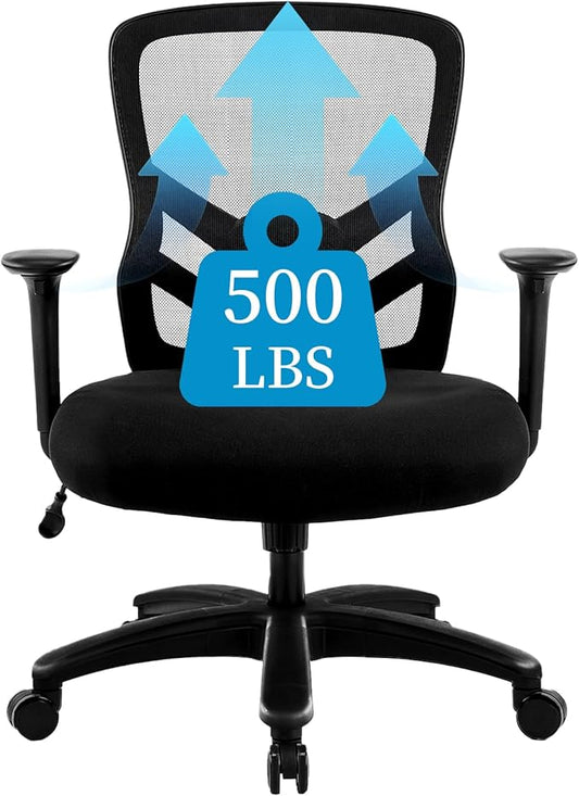 YFO Big and Tall Office Chair 500LBS - Computer Desk Chair with Adjustable Lumbar Support, Heavy Duty Ergonomic Mesh with 360 Rotation 2D Arm and Extra Wide Comfty Seat, Quiet Wheels for Adults, Black