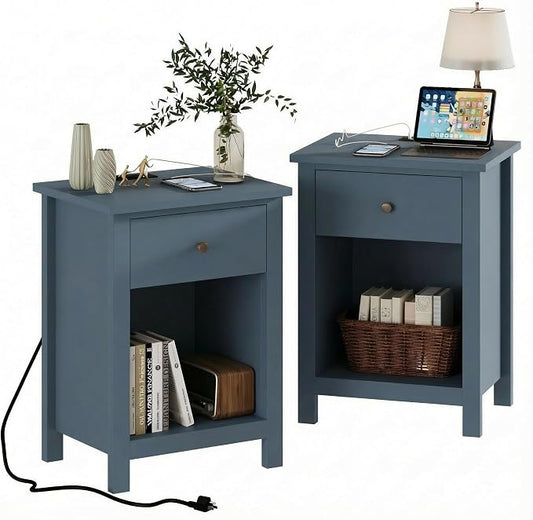 ChooChoo Farmhouse Nightstand Set of 2,Night Stand with Charging Station, Wooden Top Bedside End Table with Drawer and Storage Space for Bedroom, Blue