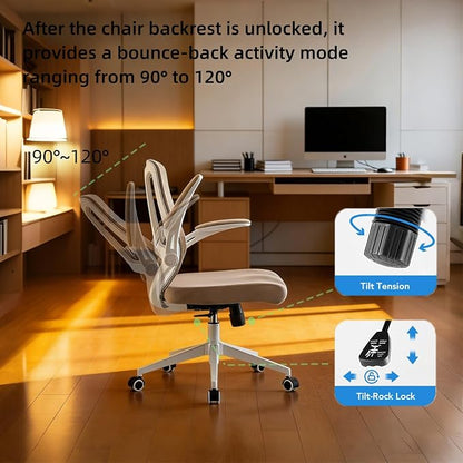 Ergonomic Office Chair with Adjustable Lumbar Support & Flip-Up Armrests - High Back Computer Desk Chair with Thickened Seat Cushion, Rolling Wheels for Home/Office Study Work (08khaki)