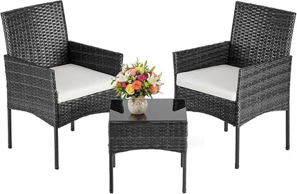DUMOS 3 Piece Patio Furniture Set, All-Weather Outdoor Wicker Chairs with Removable Cushions & Tempered Glass Table, Small Bistro Set for Porch, Balcony, Lawn, Backyard Black