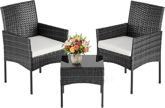 DUMOS 3 Piece Patio Furniture Set, All-Weather Outdoor Wicker Chairs with Removable Cushions & Tempered Glass Table, Small Bistro Set for Porch, Balcony, Lawn, Backyard Black