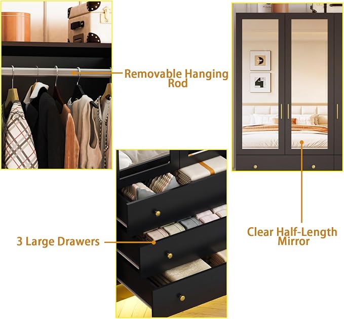3 Doors LED Armoire Wardrobe Closet with Mirror, 75" Tall Modern Wooden Wardrobe Closet with 3 Drawers, Freestanding Clothing Storage Cabinet with Hanging Rod, Adjustable Shelves, Black